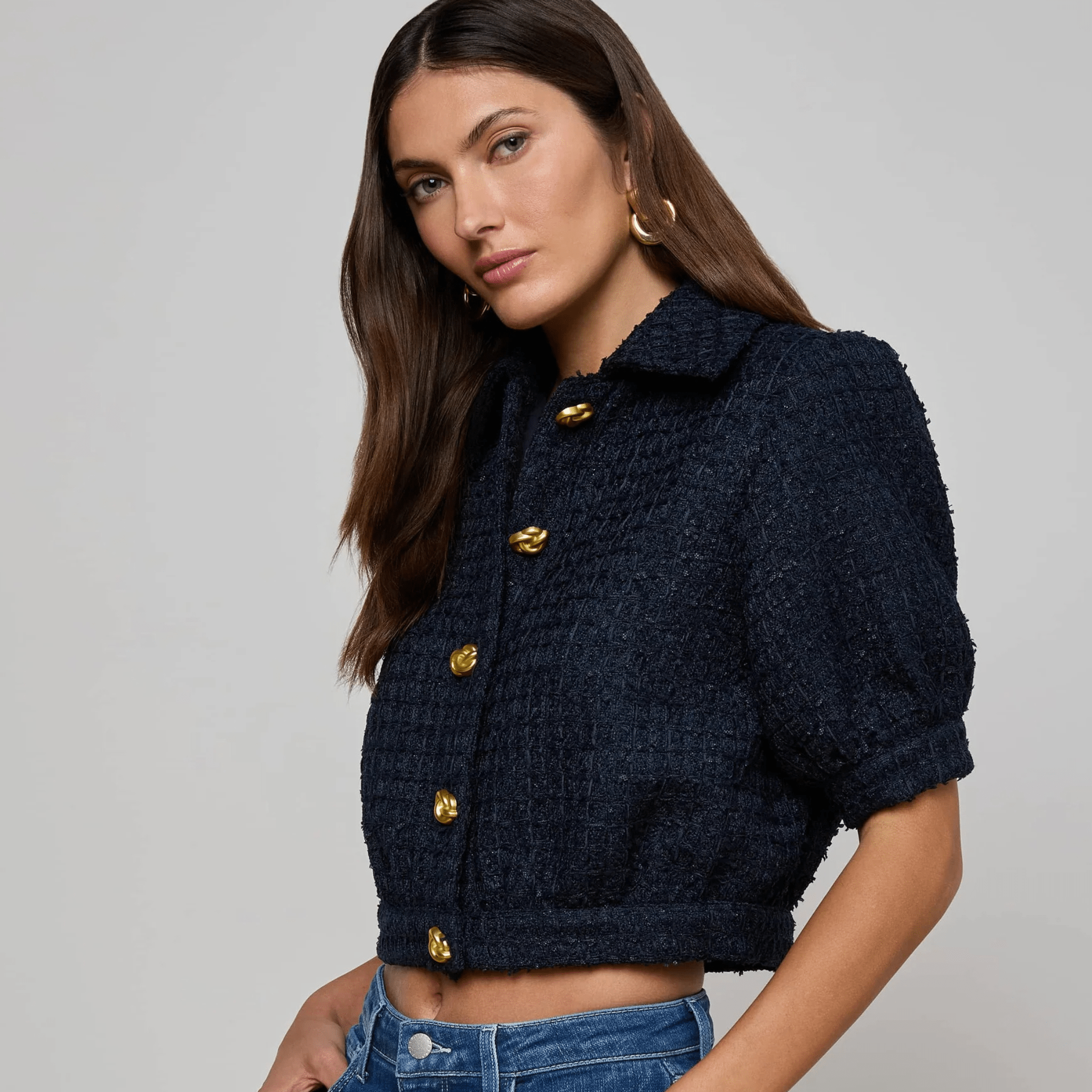 Cove Cropped Navy Tweed Jacket with Gold Buttons