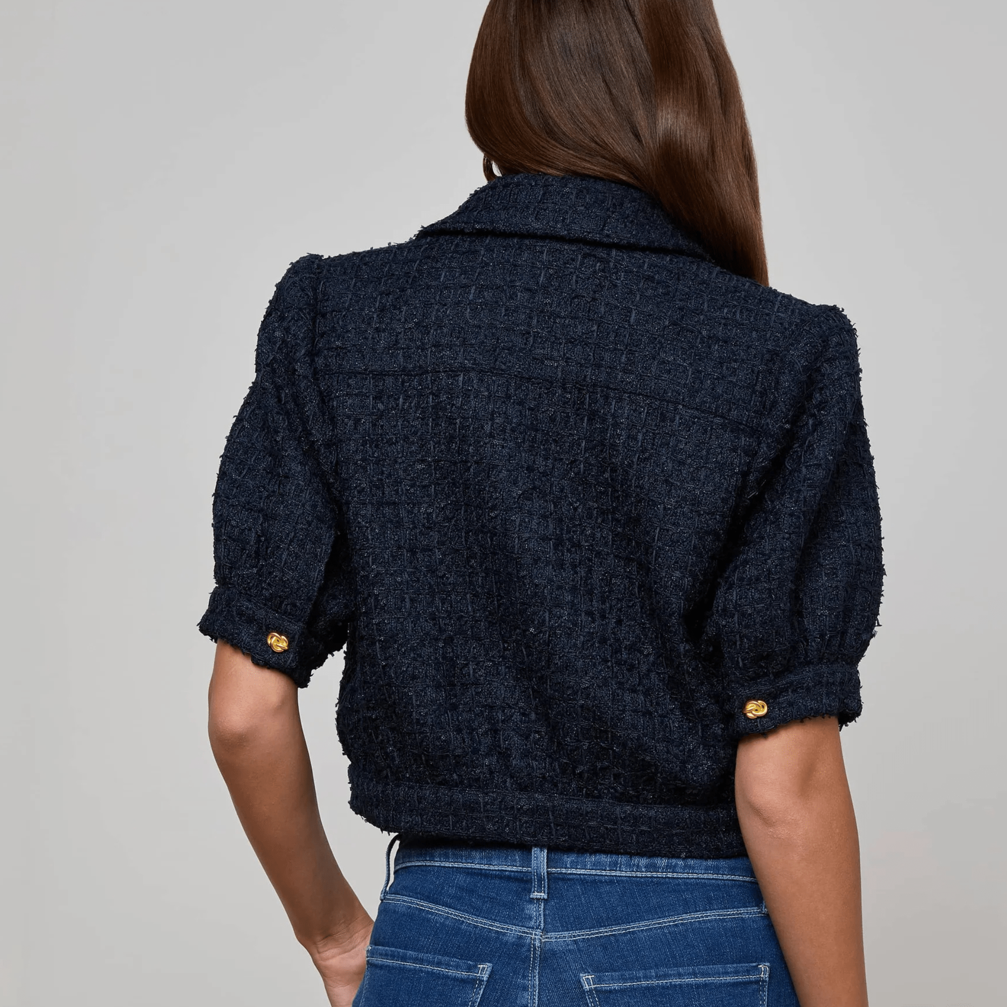 Cove Cropped Navy Tweed Jacket with Gold Buttons