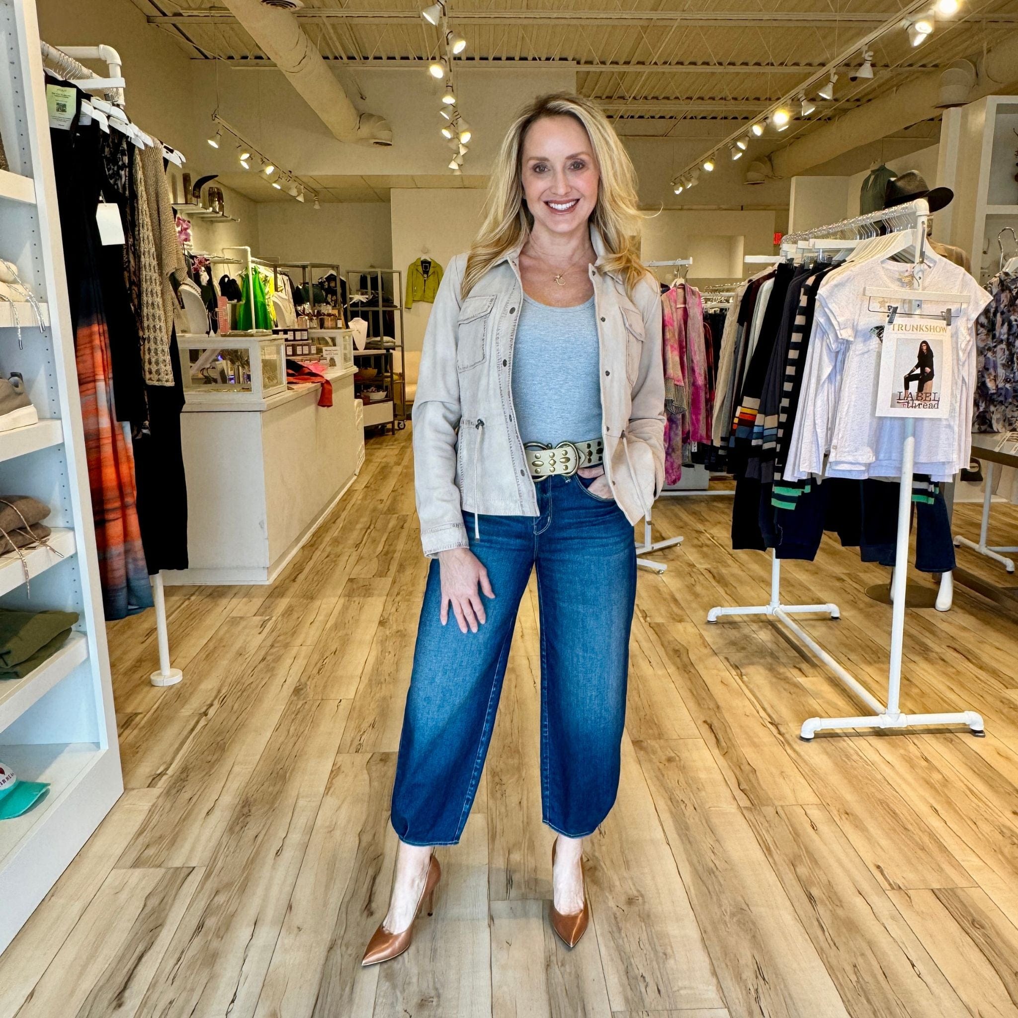 Edgy Spring Transition: Barrel Jeans & Leather Jacket Combo