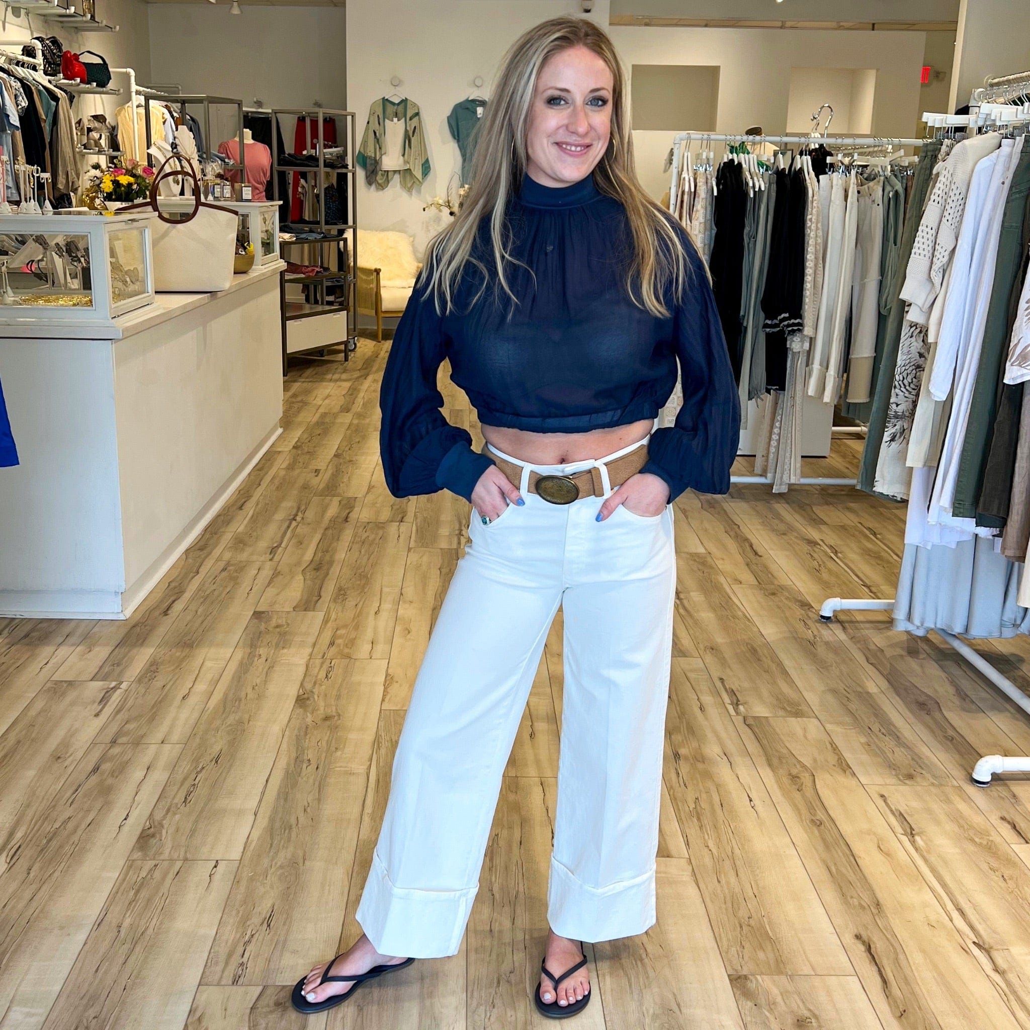 Effortless Navy & White Summer-to-Fall Outfit – Reversible Blouse & Wide Leg Pants