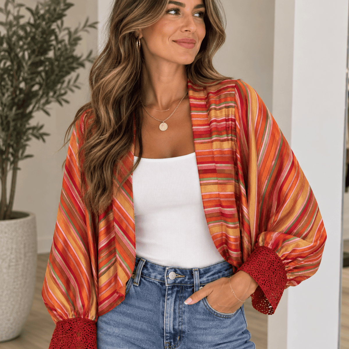 Pieces ETC… Red Striped Silk Shrug